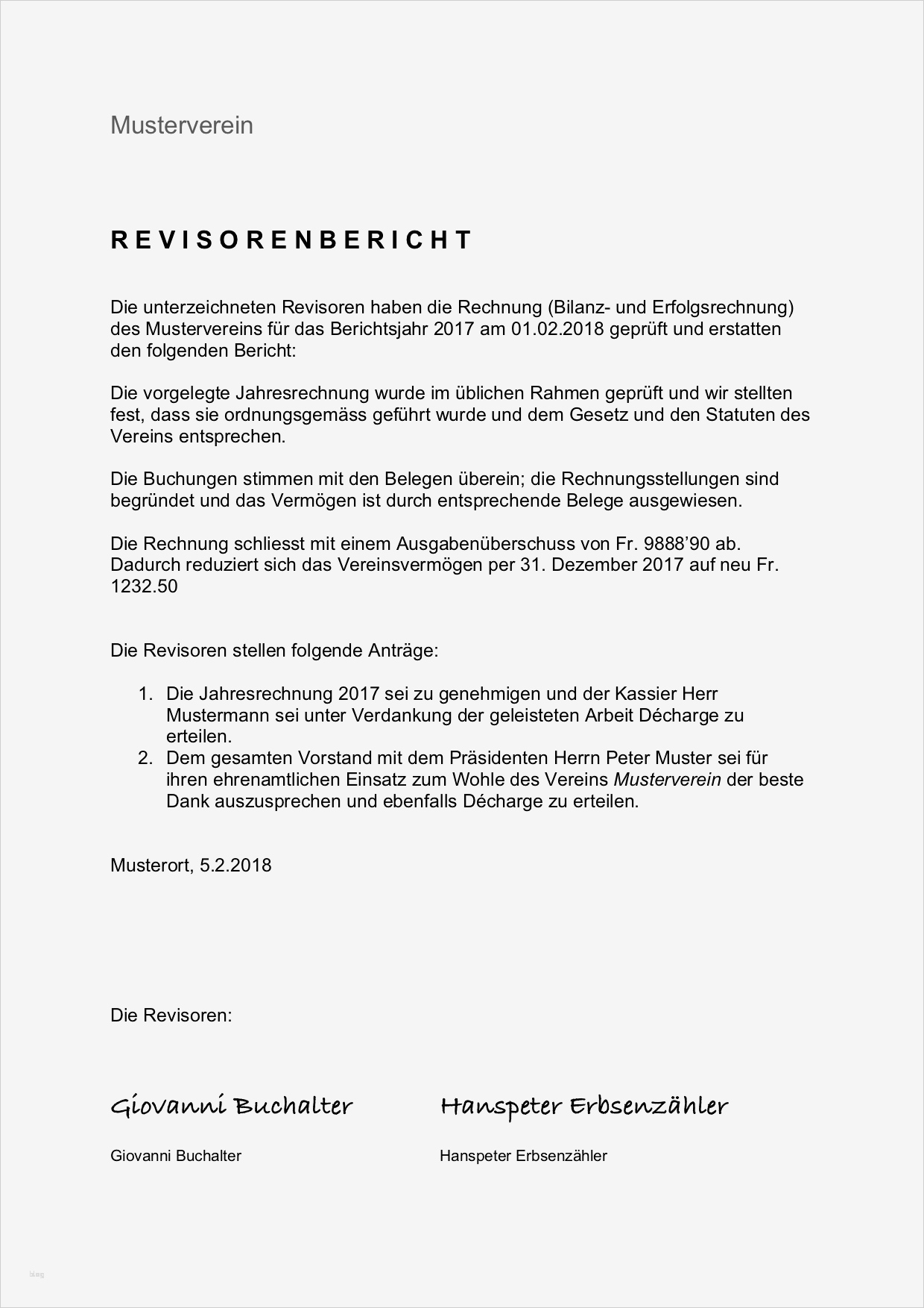 Revisorenbericht Verein Vorlage – Muster Vorlage