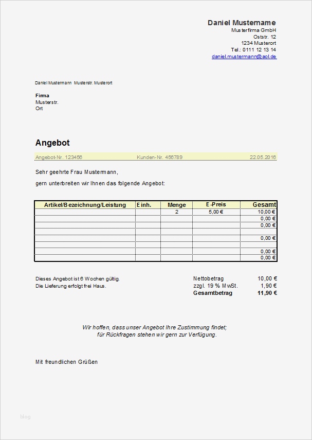 Excel Kostenlose Angebotsvorlagen fice Lernen