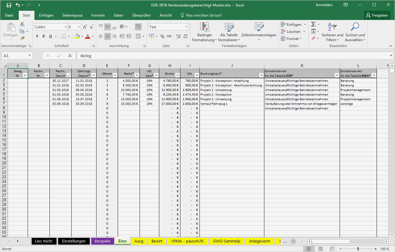 Excel Vorlage Einnahmenüberschussrechnung EÜR Pierre