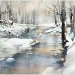 Aquarellbilder Vorlagen Modern Einzigartig Watercolor Landscape forest Stream Winter Snow by Thomas