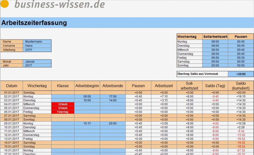 Arbeitszeiterfassung Excel Vorlage Neu Arbeitszeiterfassung Mit Excel ...