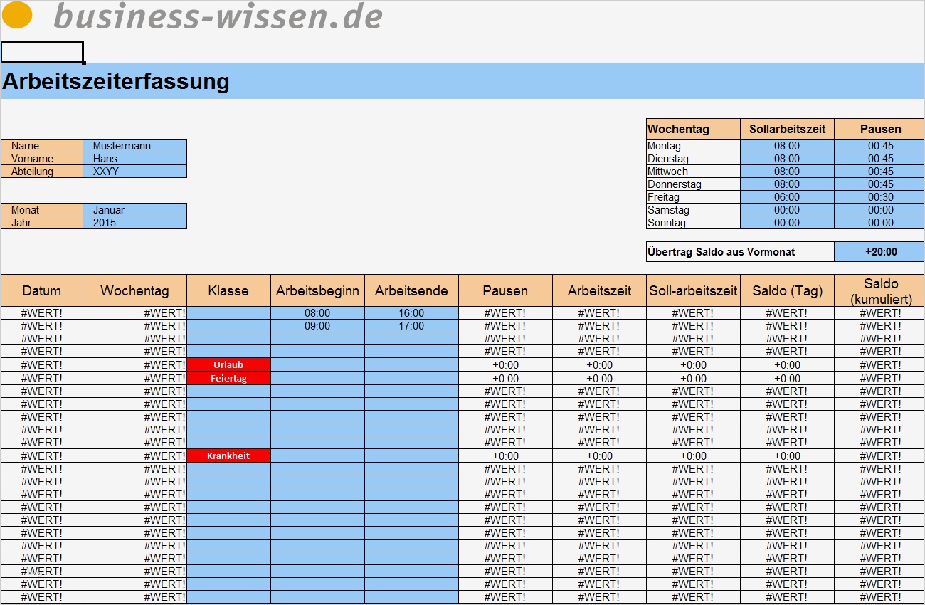 Arbeitszeiterfassung mit Excel Muster zum Download