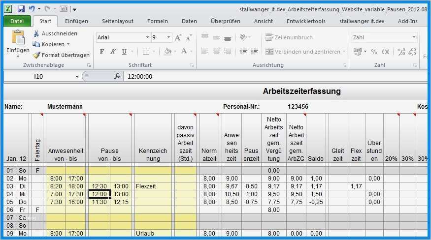 Berechnung Arbeitszeit Excel Vorlage Erstaunlich ...