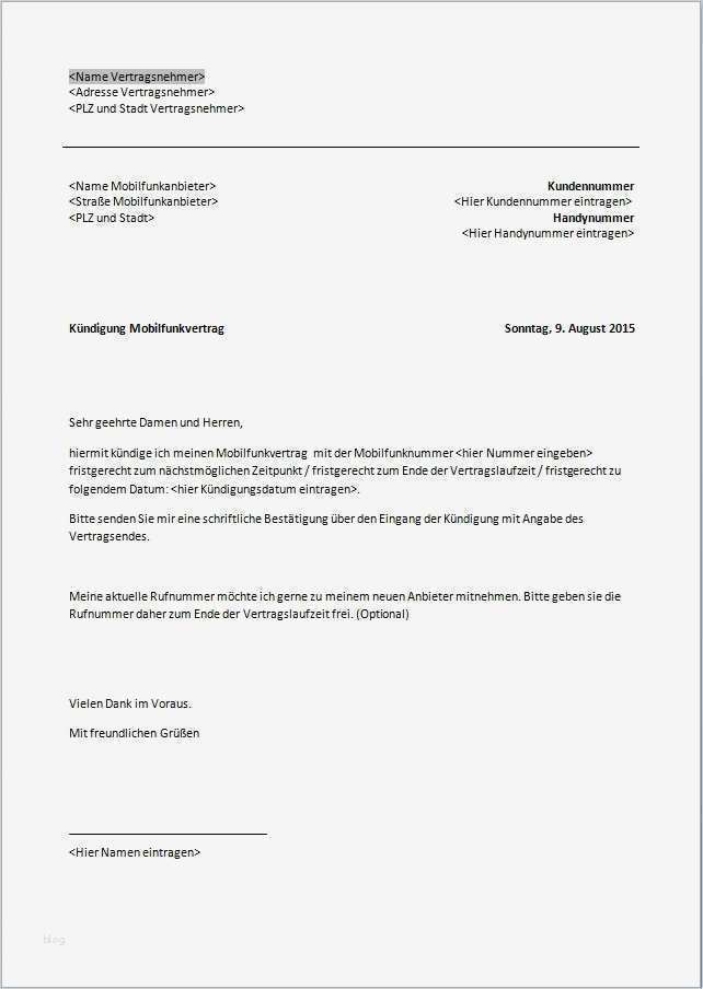 Kündigung Handyvertrag Vorlage Text Word