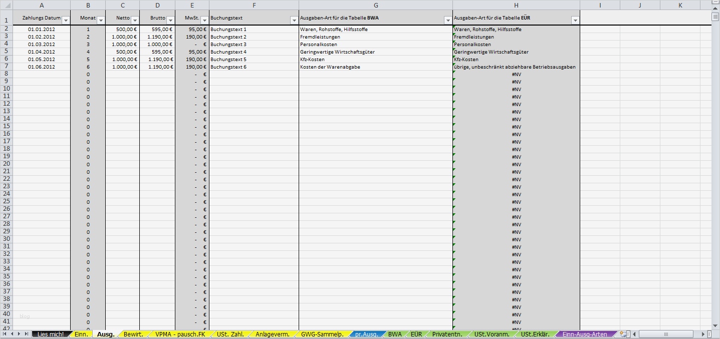 Excel Vorlage Einnahmenüberschussrechnung EÜR 2012