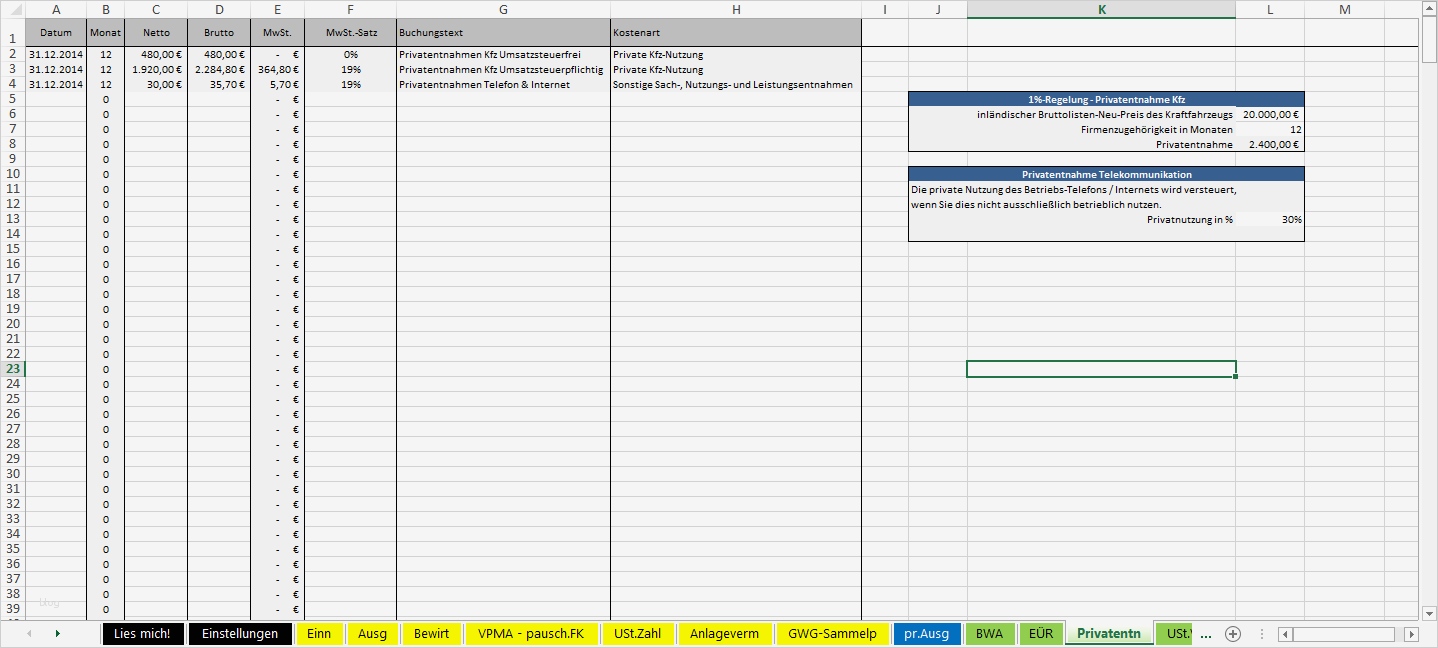 Excel Vorlage Einnahmenüberschussrechnung EÜR Pierre