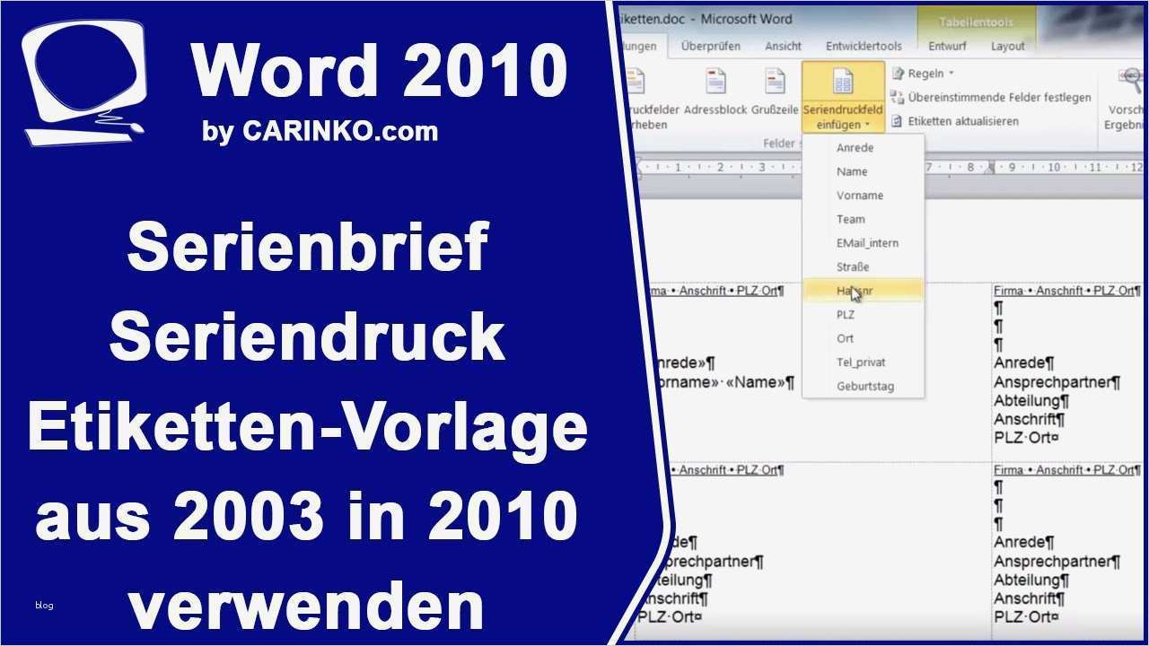 MS Word Serienbrief Seriendruck Etiketten Vorlage aus 2003