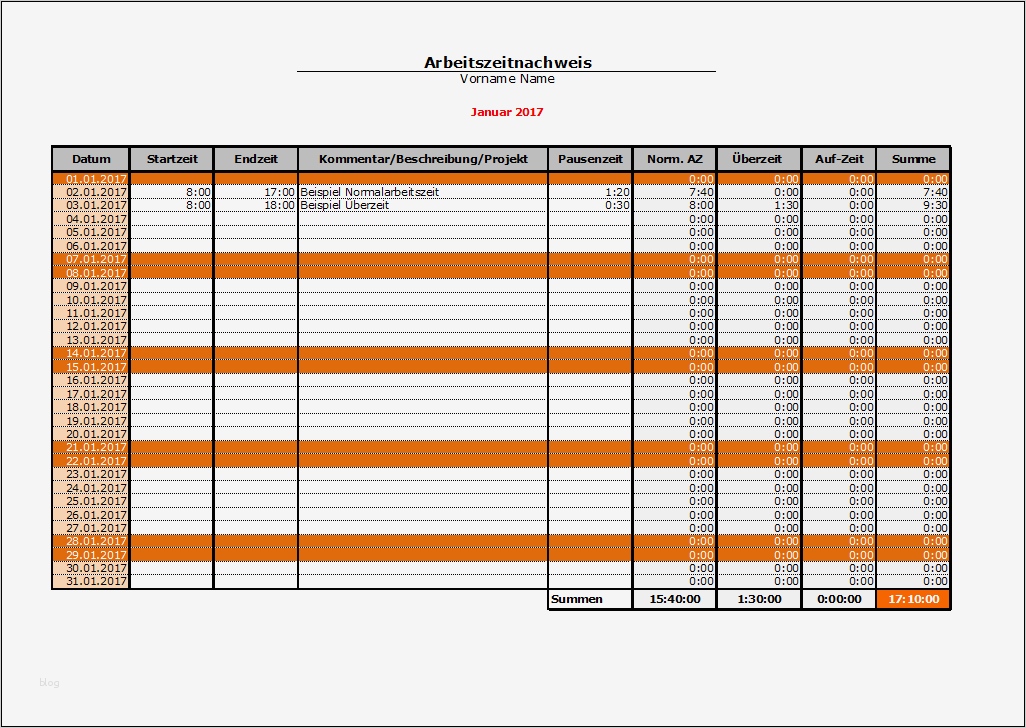 Excel Arbeitszeitnachweis Vorlagen 2017