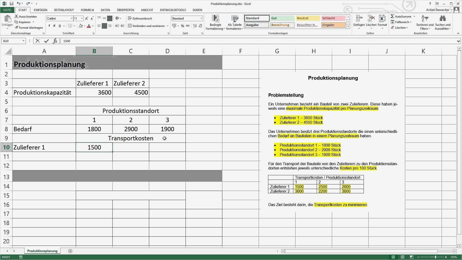 Excel Vorlage Produktionsplanung Erstaunlich Excel solver ...