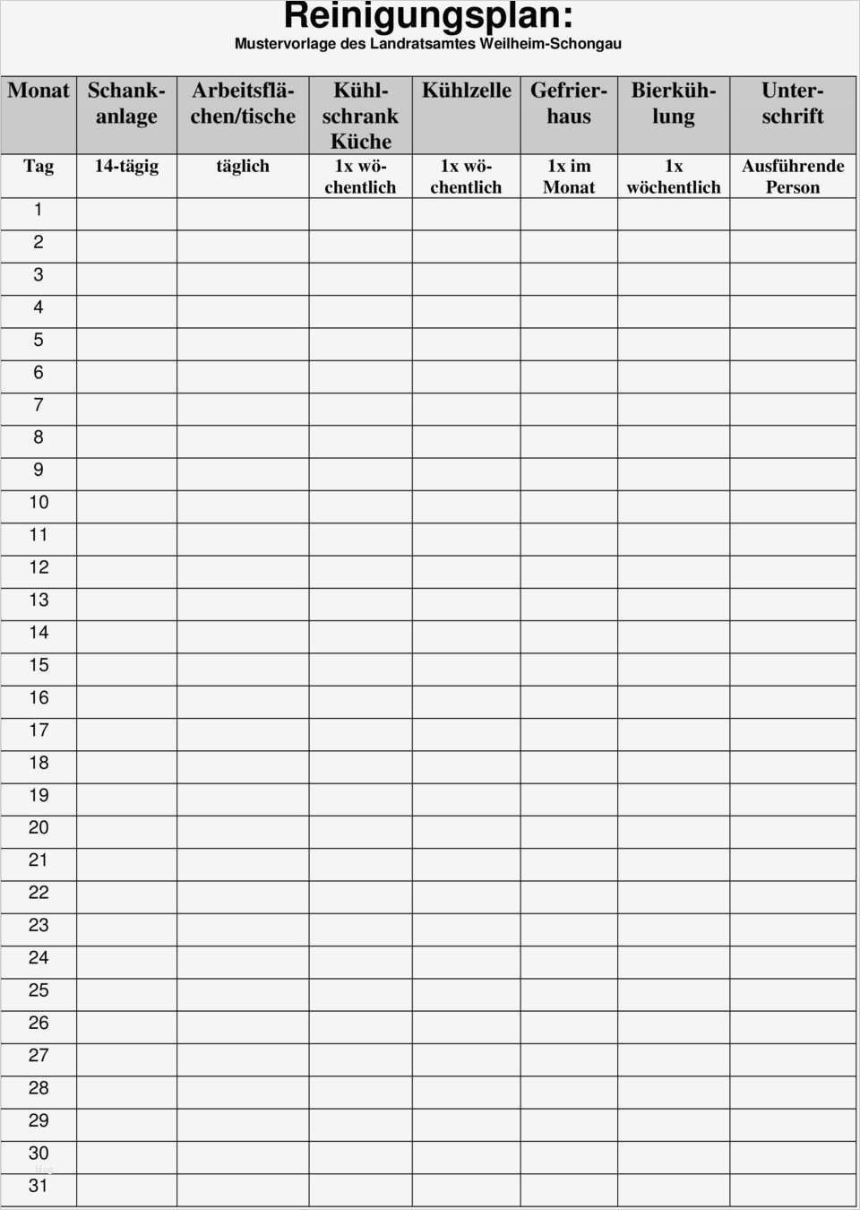 Reinigungsplan Mustervorlage des Landratsamtes Weilheim
