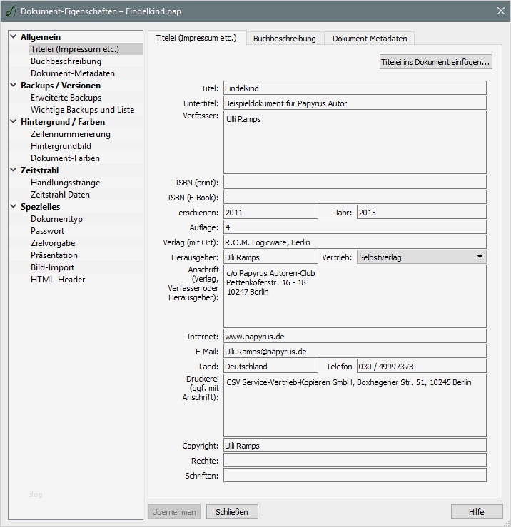 Die Titelei Impressum etc Papyrus Autor