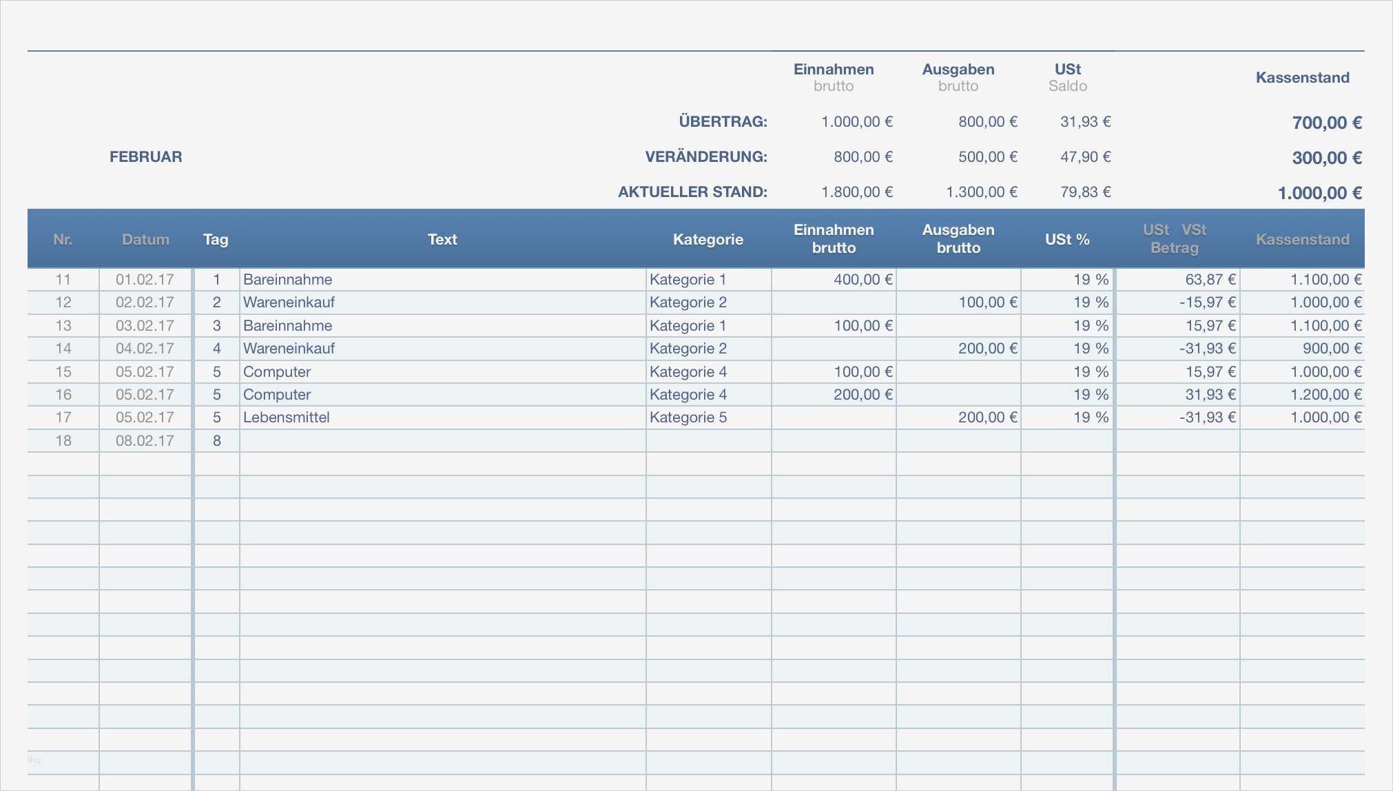 Numbers Vorlage Kassenbuch 2017 mit USt