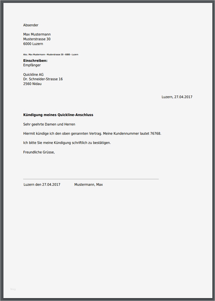Kündigung Quickline Internet Anschluss online PDF erstellen