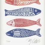 Linolschnitt Vorlagen Elegant Linocut Print Four Fish Fish Blue and White Red T for