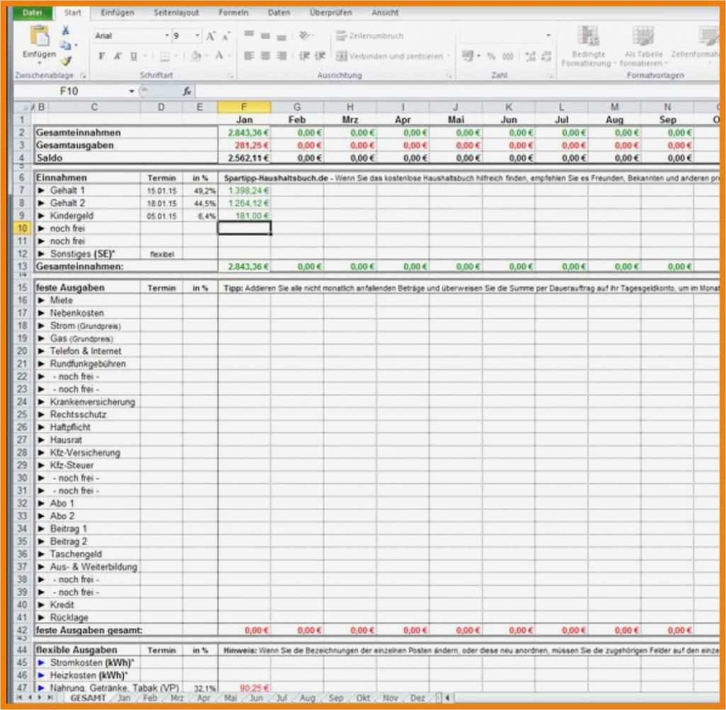 Haushaltsbuch Als Excel-vorlage - Kostenlos AA9