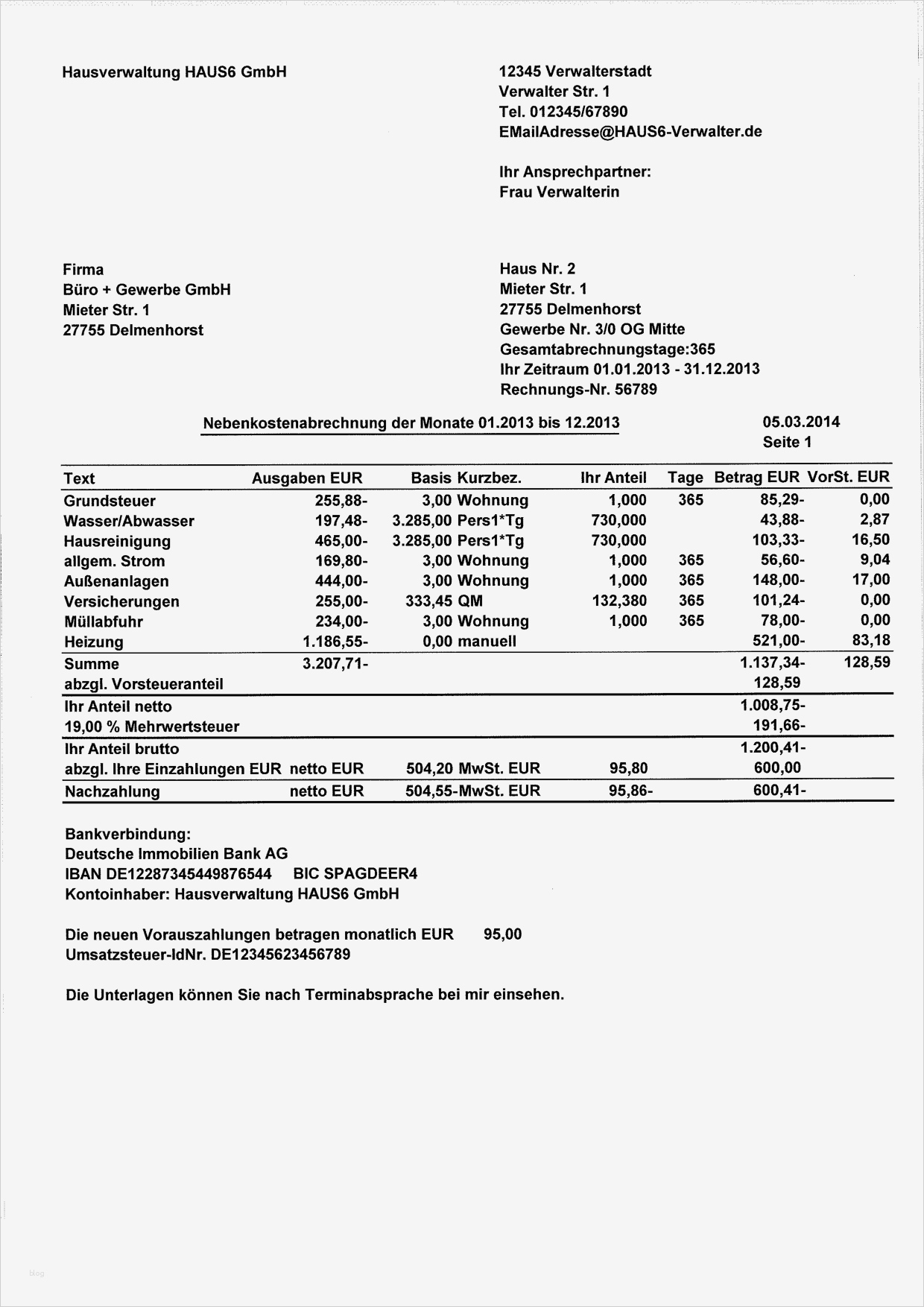 Muster einer Nebenkostenabrechnung für Gewerbemieter