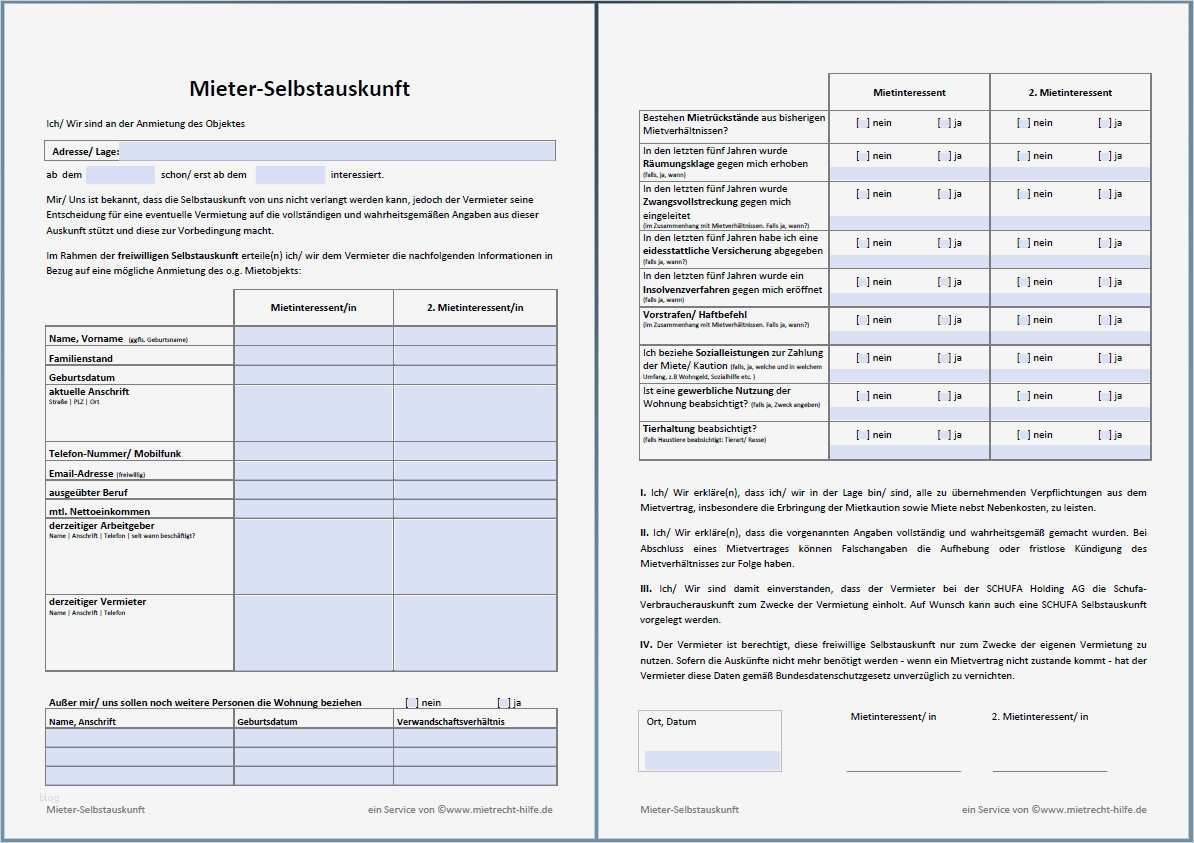 Nebenkostenabrechnung Vorlage Word Schön Selbstauskunft ...