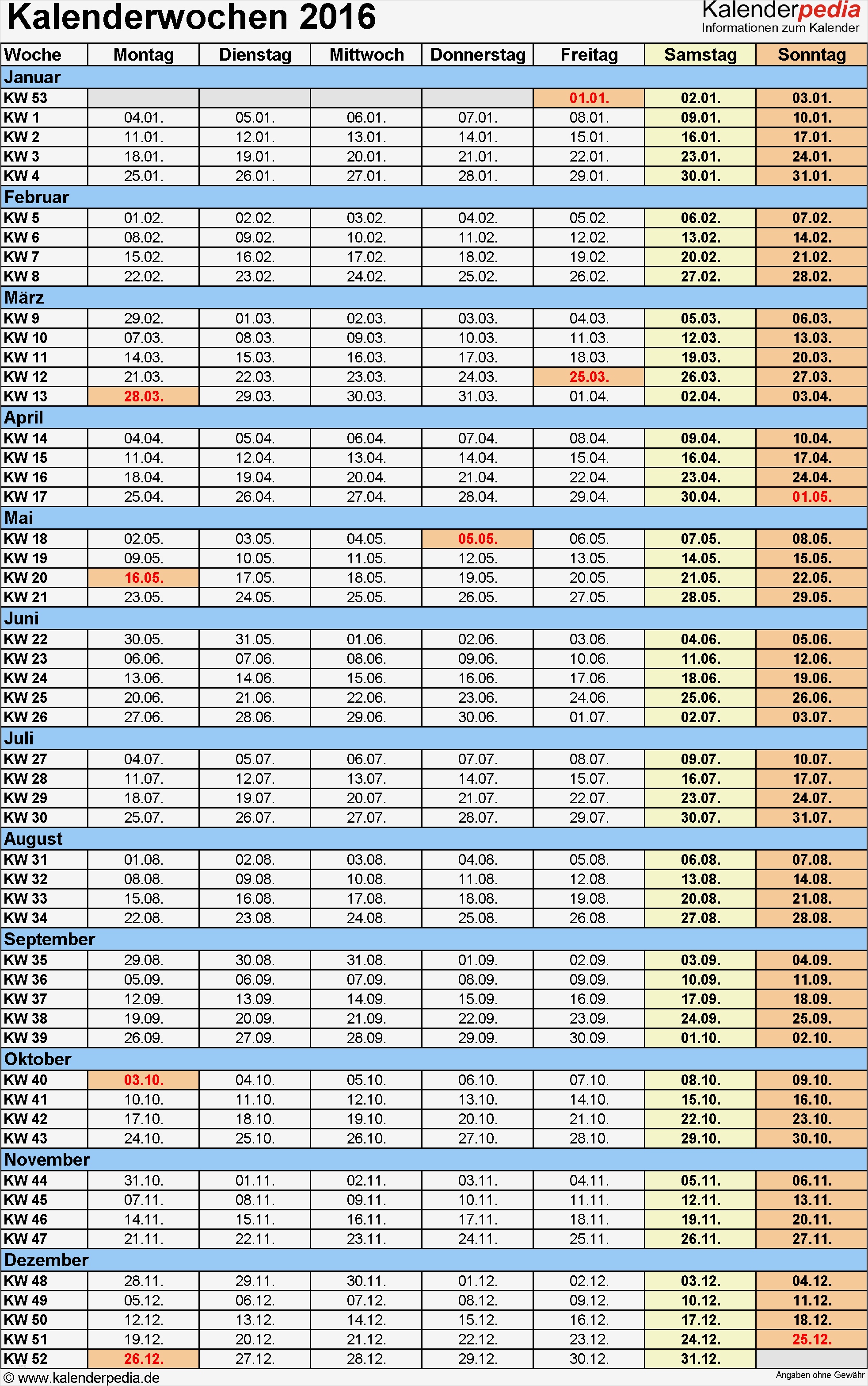 Kalenderwochen 2016 mit Vorlagen für Excel Word & PDF