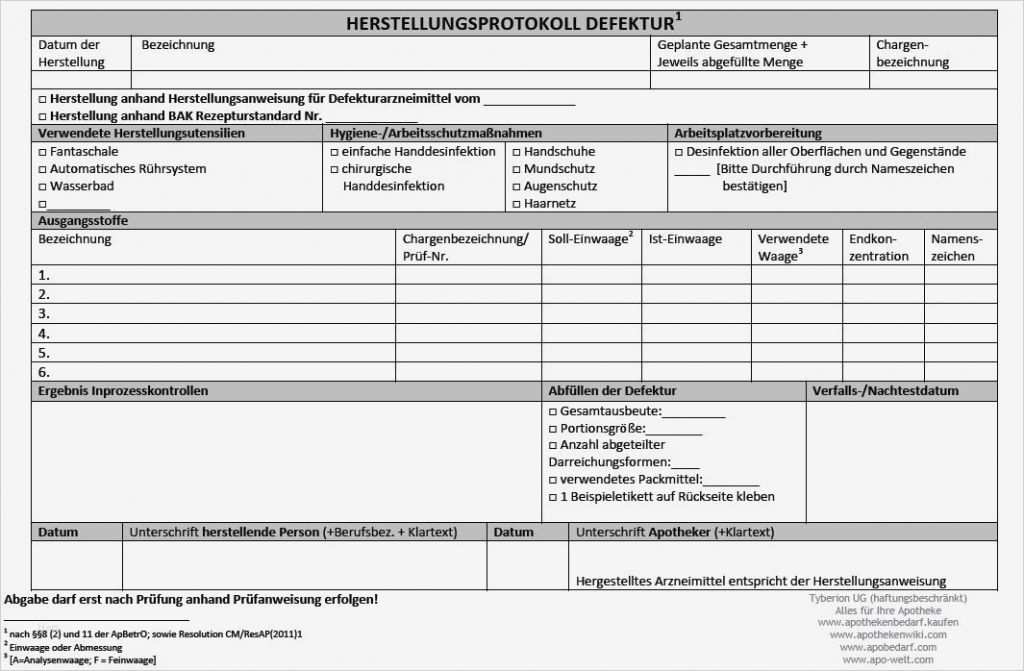 Prüfprotokoll Ausgangsstoffe Apotheke Vorlage Großartig Defektur Herstellungsprotokoll Übersicht