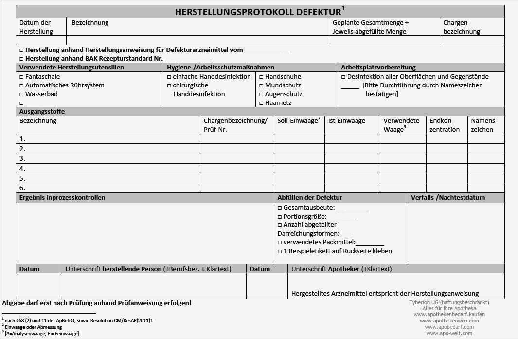 Defektur Herstellungsprotokoll Übersicht