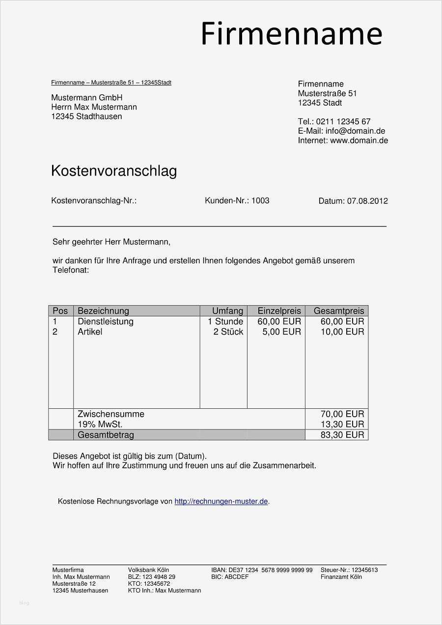 Kostenvoranschlag Muster kostenlos en