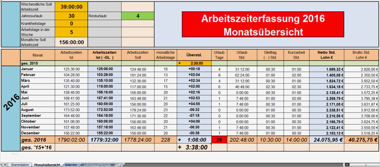 Arbeitszeiterfassung 2016 Excel Vorlagen Shop