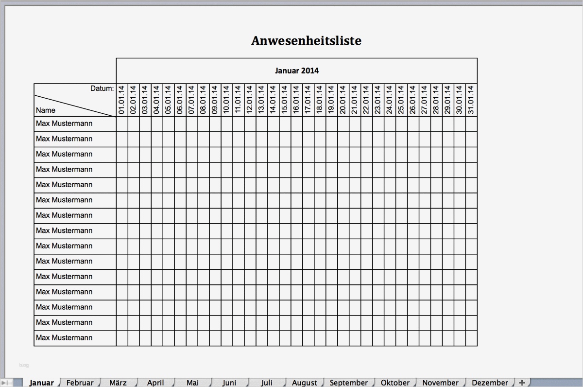 Excel Vorlage Anwesenheitsliste kostenlos