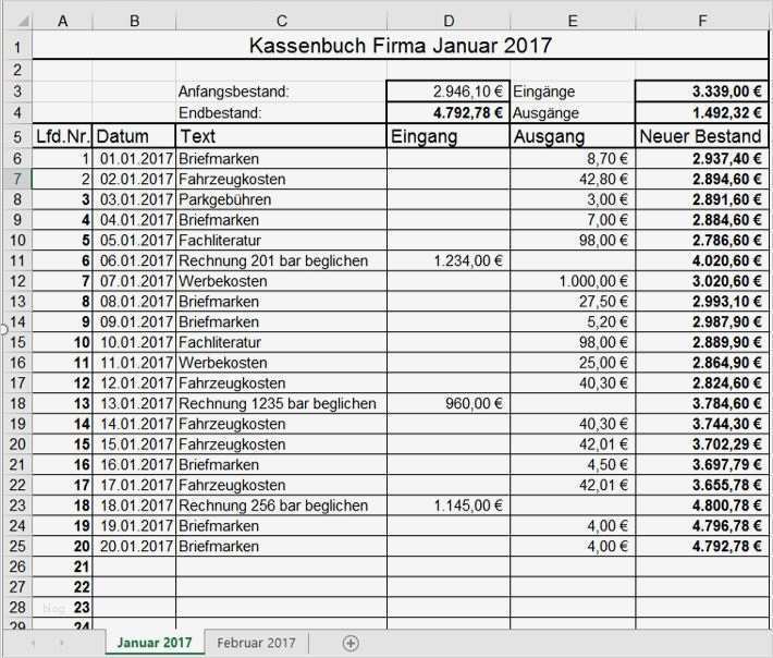 Kassenbuch Vorlage Muster Beispiel Excel kostenlos