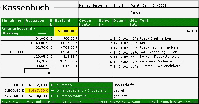 7 kassenbuch excel vorlage