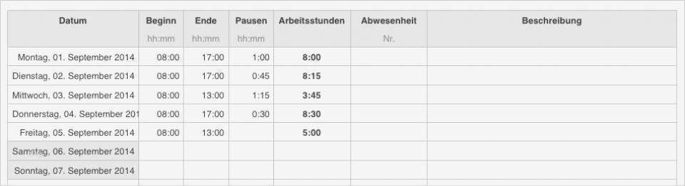 Numbers Vorlage Arbeitszeit Zeiterfassung 2014