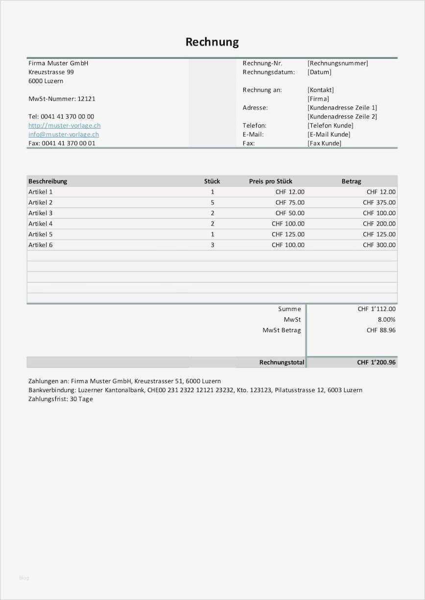 Rechnung Vorlage Schweiz Word und Excel – Muster Vorlage