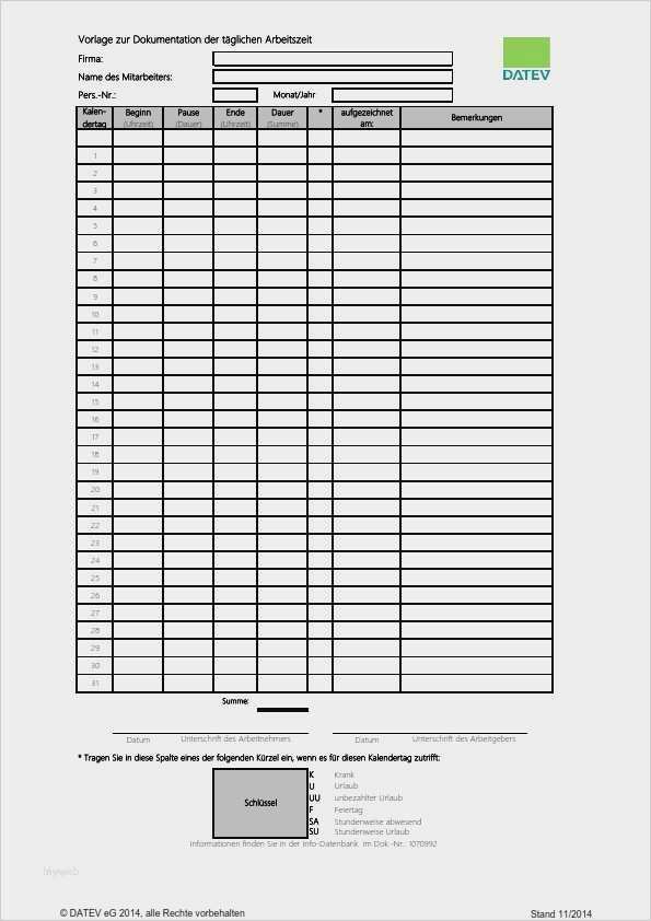 Datev Vorlage Zur Dokumentation Der Täglichen Arbeitszeit