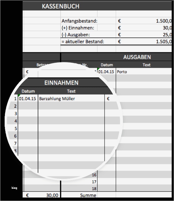 Kassenbuchvorlage für Excel mit Anleitung kostenloser