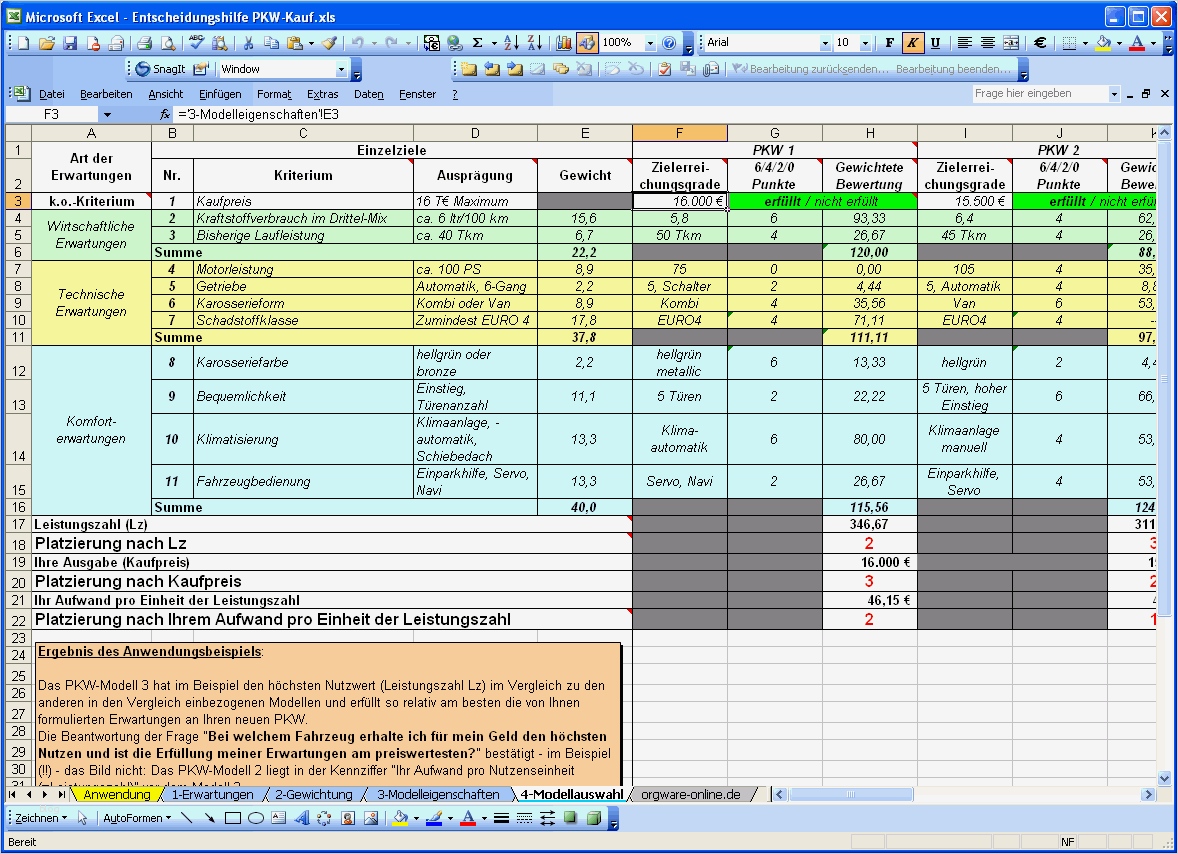 Entscheidungshilfe zum PKW Kauf Excel Vorlage zum Download