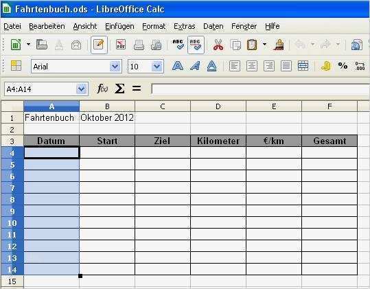 Fahrtenbuch erstellen mit Libre fice Calc