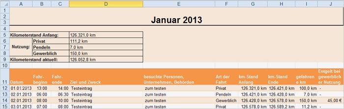 Kostenlose Excel Vorlage Fahrtenbuch für private und