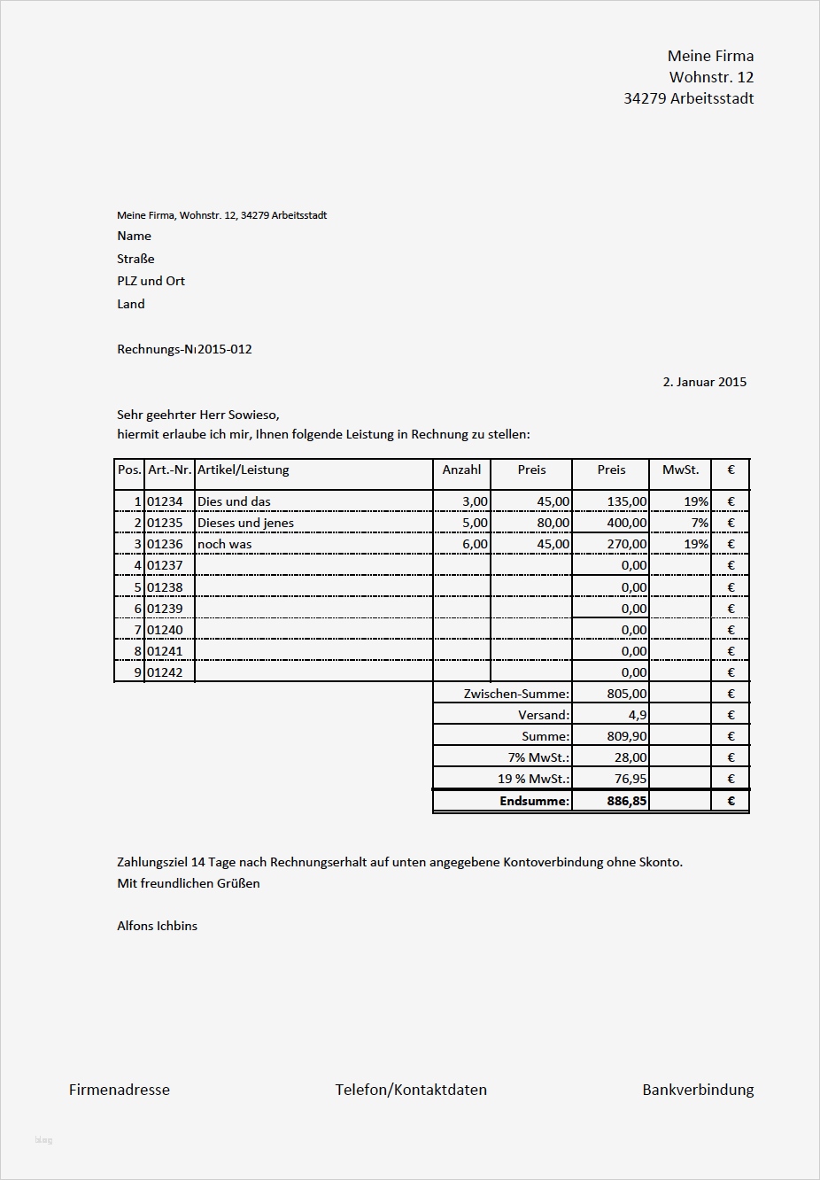 Rechnungsvorlage und MwSt