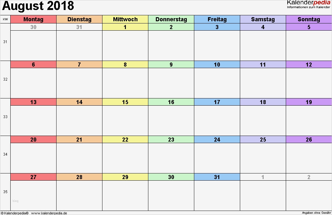 Kalender August 2018 als Excel Vorlagen