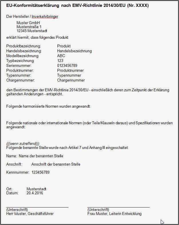 Muster einer EU Konformitätserklärung nach EMV Richtlinie