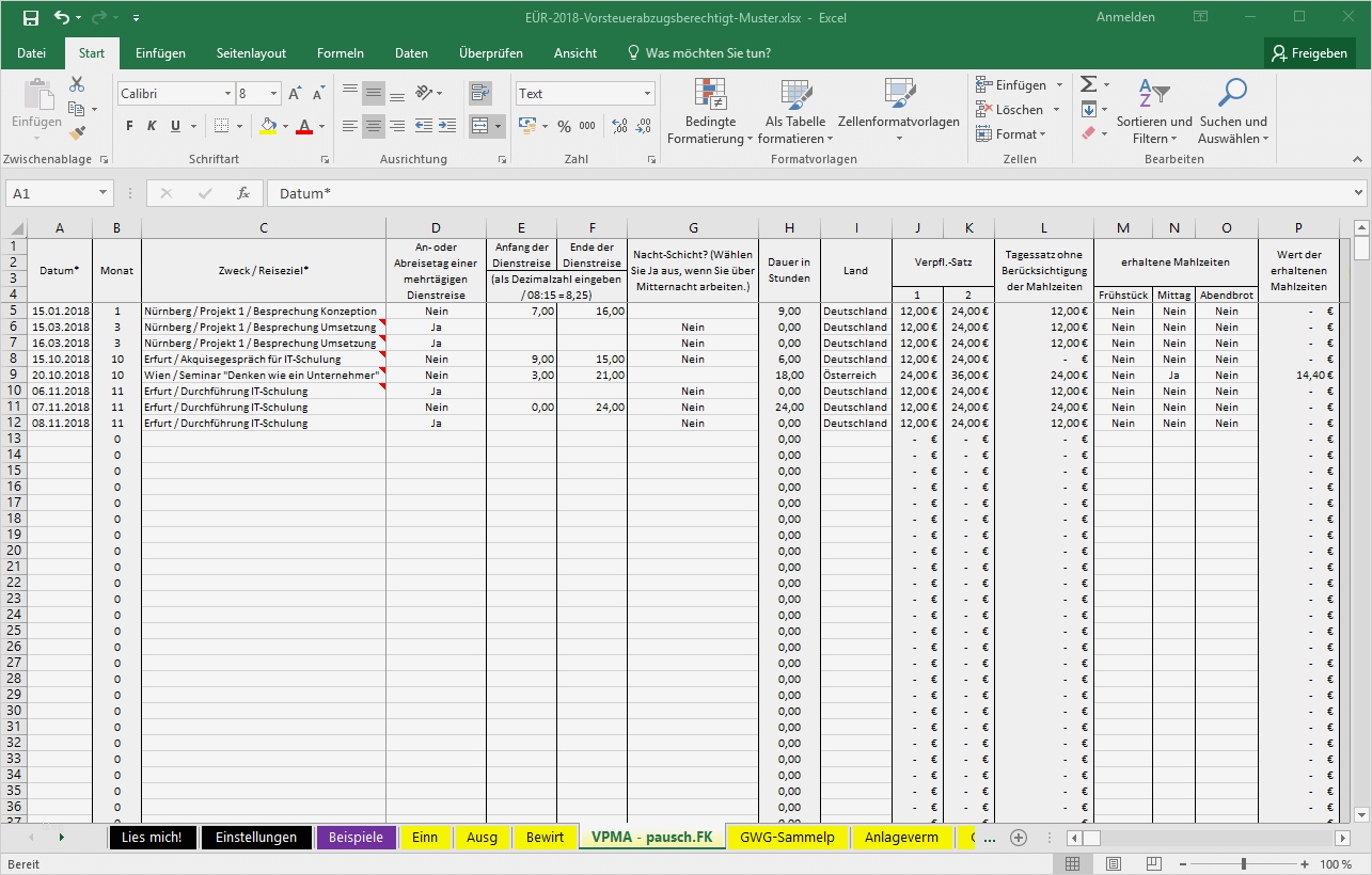 Excel Vorlage Einnahmenüberschussrechnung EÜR Pierre