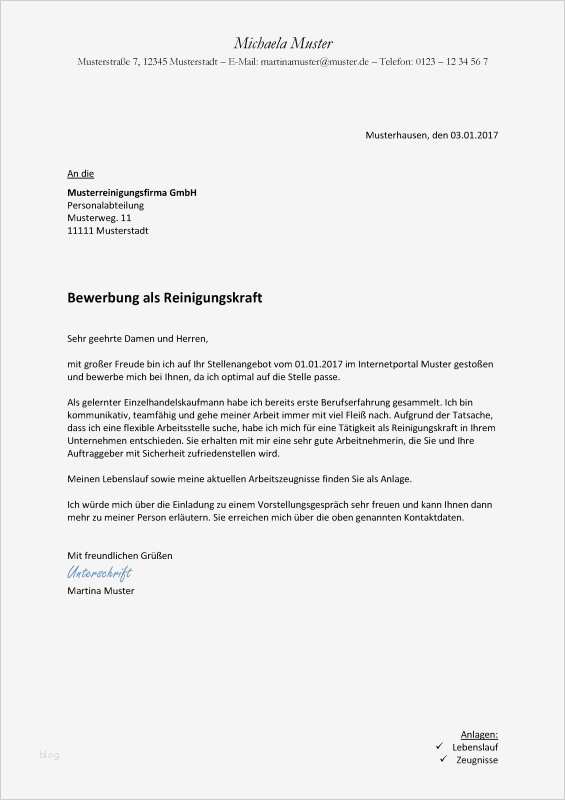 Bewerbung Reinigungskraft kostenlose Muster Vorlagen