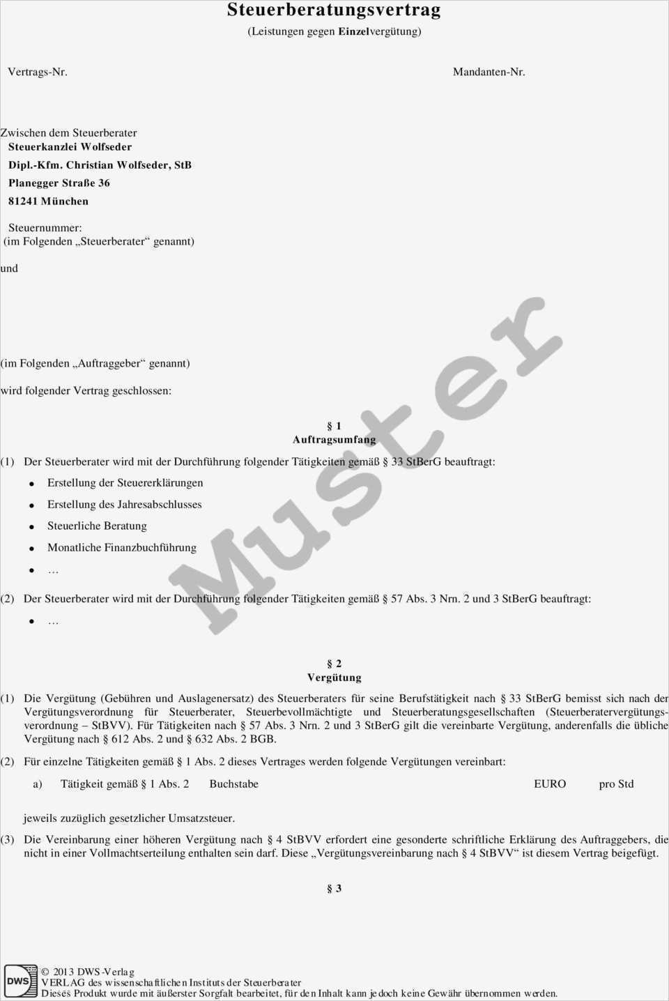 Steuerberatungsvertrag Leistungen gegen Einzelvergütung