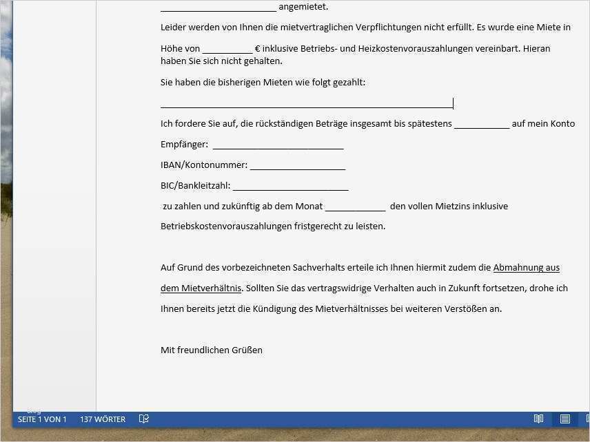 Mieter Abmahnung bei Zahlungsverzug Vorlage für Word
