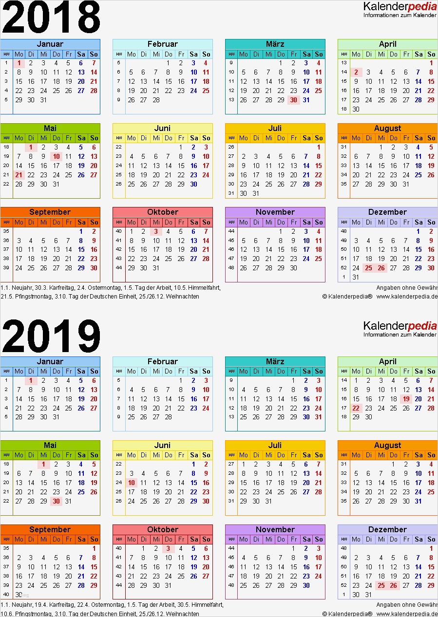 Zweijahreskalender 2018 & 2019 als PDF Vorlagen zum Ausdrucken