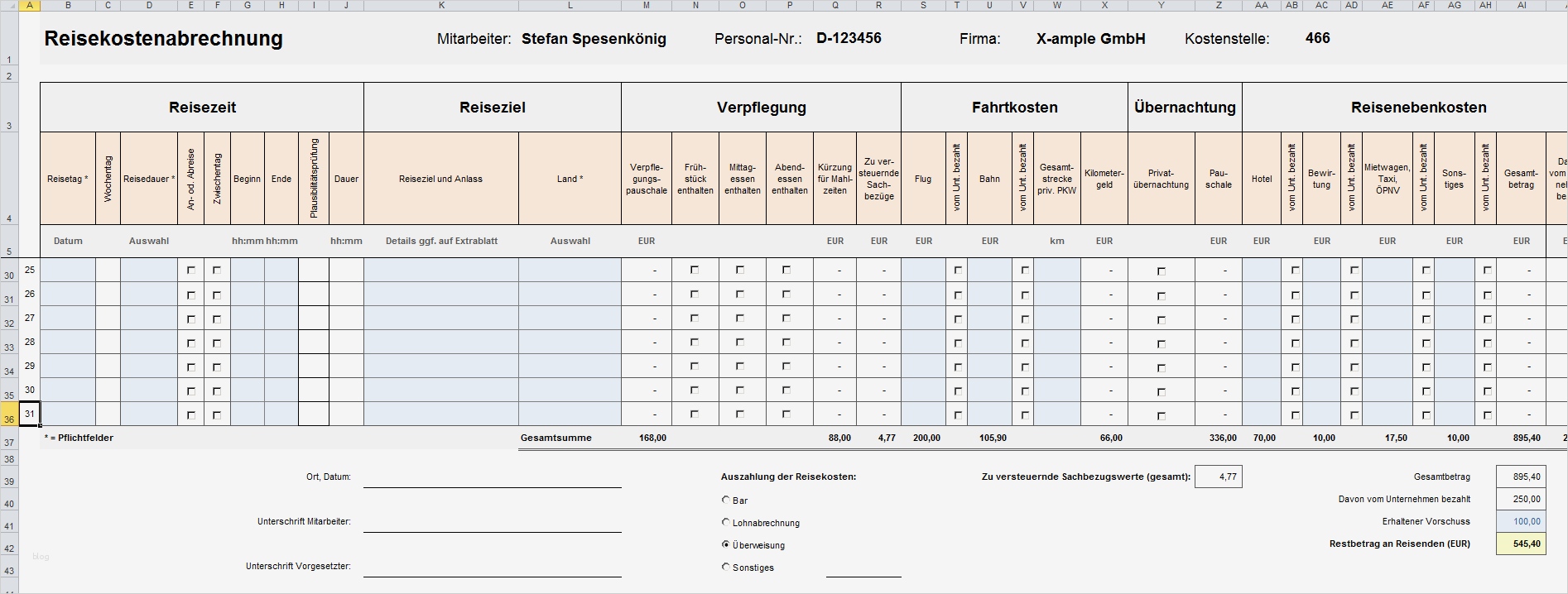 Excel Reisekostenabrechnung