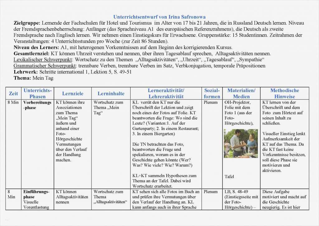 Tabellarischer Unterrichtsentwurf Vorlage Schönste Mein Tag A1 Wustrow