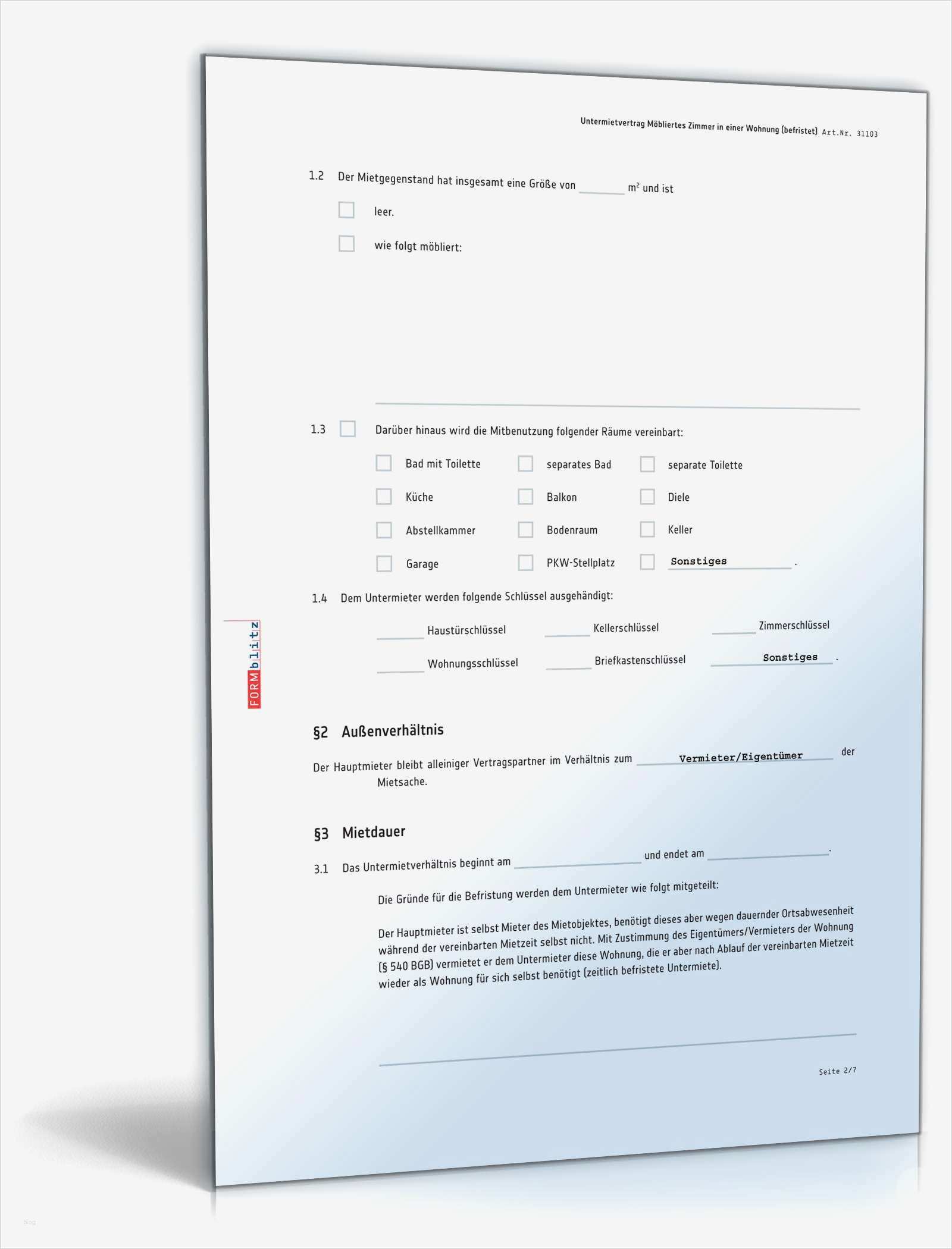 Befristeter Untermietvertrag möbliertes Zimmer Vorlage