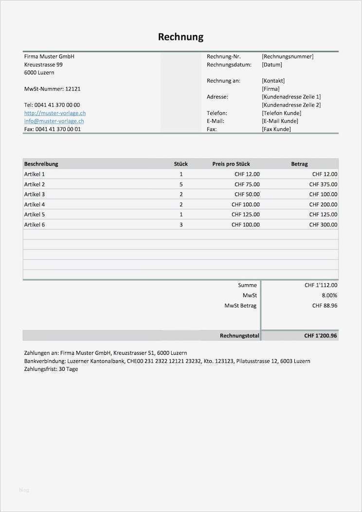 Rechnungsvorlage Schweiz für Word & Excel kostenlos