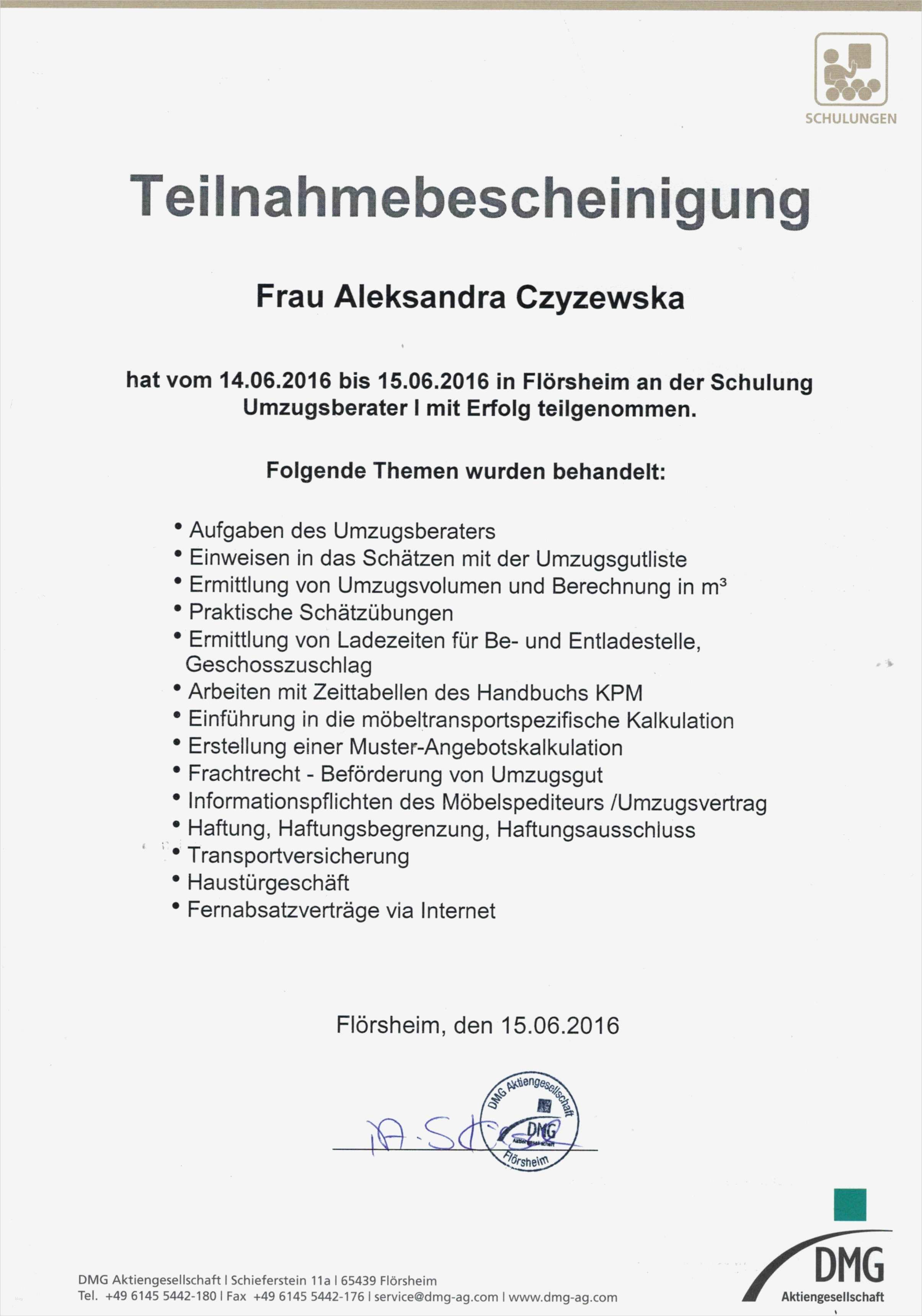 Vorlage Teilnahmebescheinigung Schulung Großartig ...