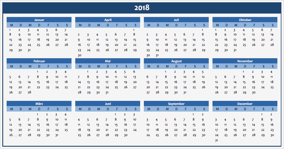 Jahreskalender 2018 als Excelvorlage und PDF